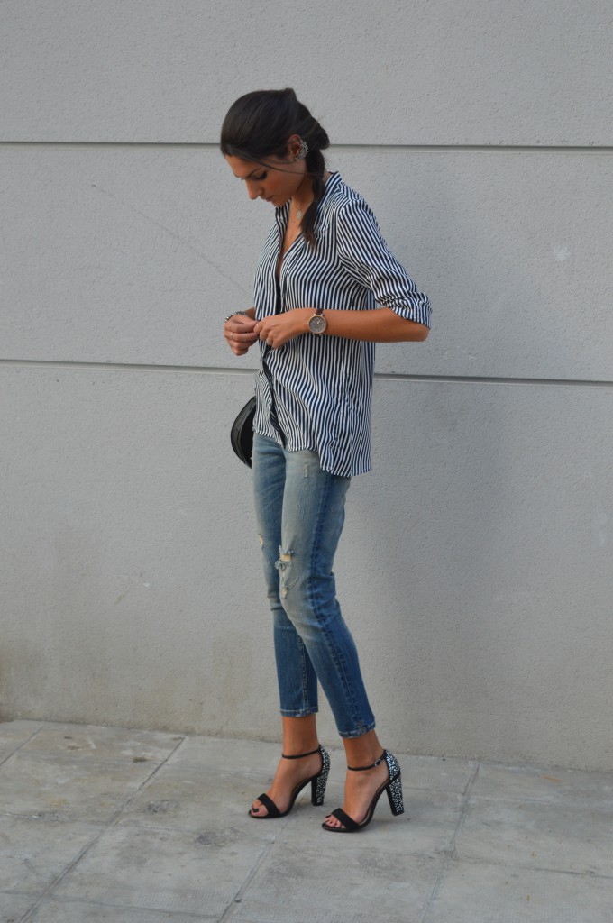 chemise à rayures chemise rayée zara oversize chaussures strass chaussures paillettes jean boyfriend