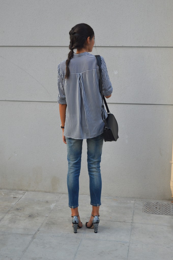 chemise à rayures chemise rayée zara oversize chaussures strass chaussures paillettes jean boyfriend