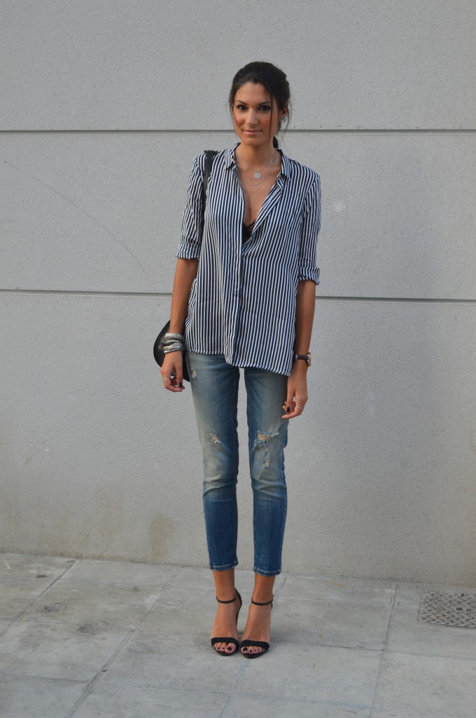 chemise à rayures chemise rayée zara oversize chaussures strass chaussures paillettes jean boyfriend