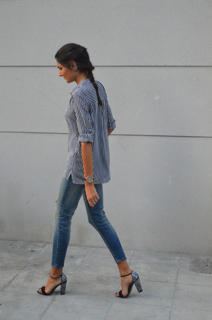 chemise à rayures chemise rayée zara oversize chaussures strass chaussures paillettes jean boyfriend