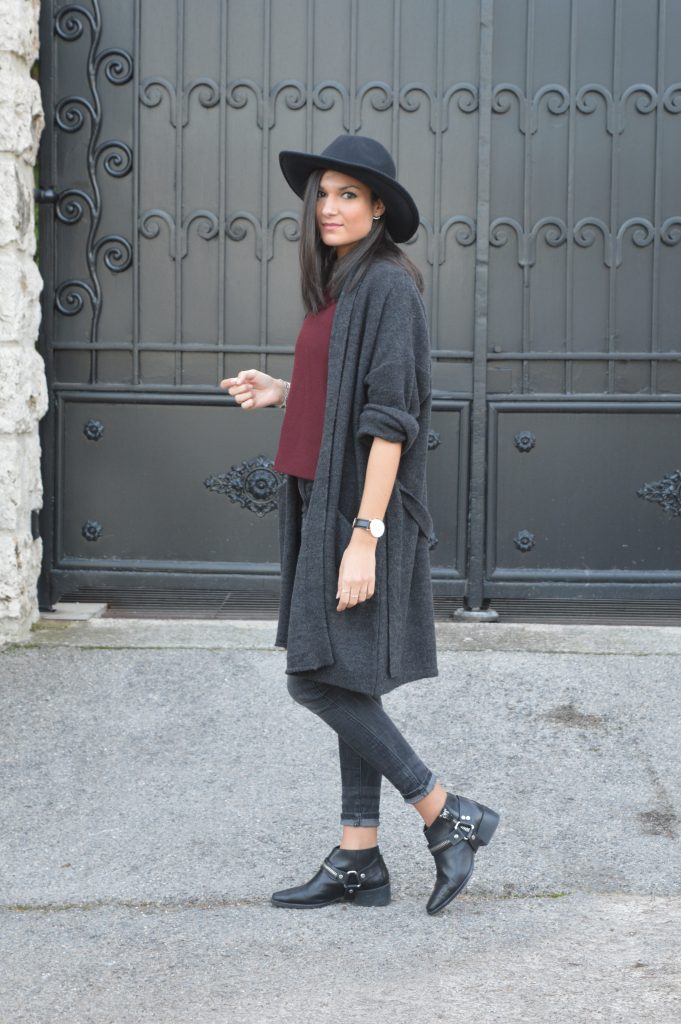 idée tenue hiver nouveau blog mode jean gris bottines plates chapeau fedora zara pas cher haut bordeaux gilet xxl mango