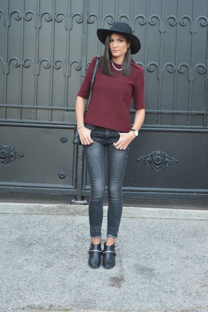 idée tenue hiver blog mode jean gris bottines fermeture éclair zip plates chapeau fedora zara pas cher haut bordeaux