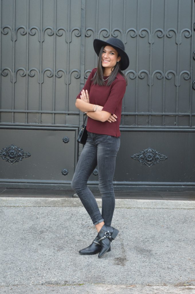 june sixty five idée tenue hiver blog mode jean gris bottines fermeture éclair zip plates chapeau fedora zara pas cher haut bordeaux