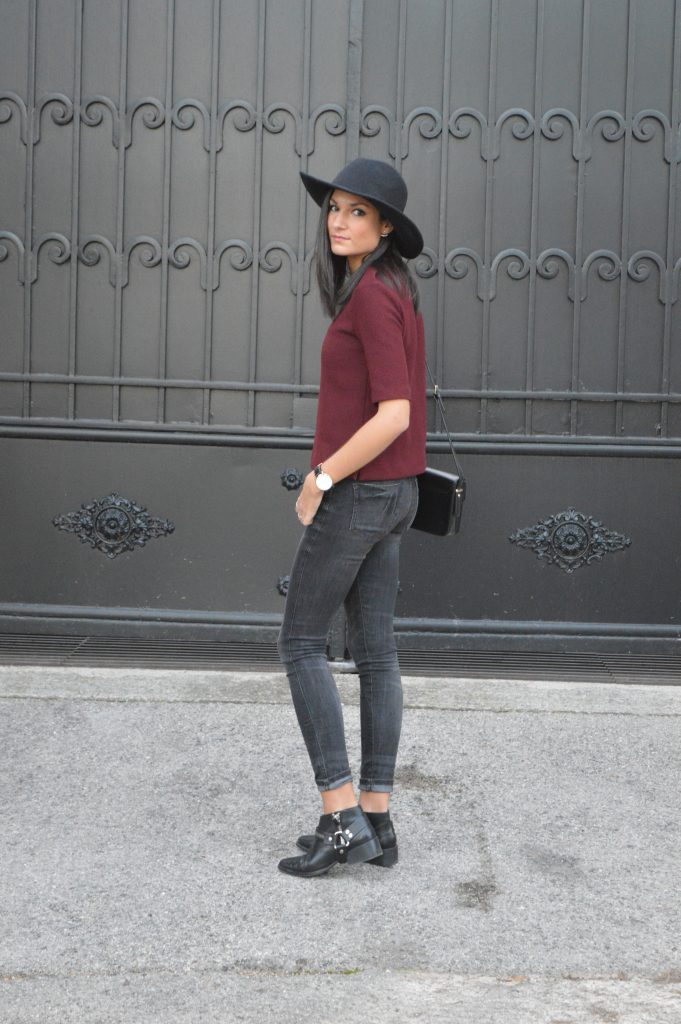 idée tenue hiver blog mode jean gris bottines fermeture éclair zip plates chapeau fedora zara pas cher haut bordeaux june sixte five