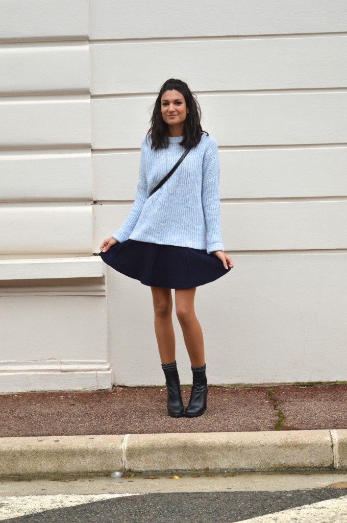 gros pull en laine et jupe patineuse hiver 2014 tendance