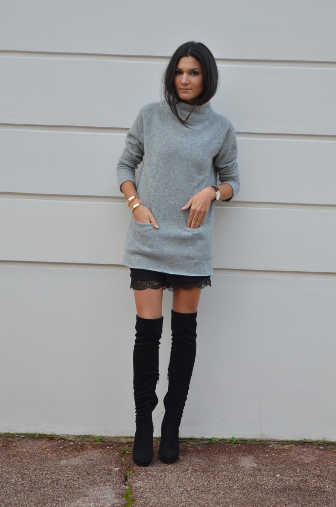 pull gris col roulé col haut col cheminé short en dentelle hiver tendance blog mode blogueuse idée tenue cuissardes 