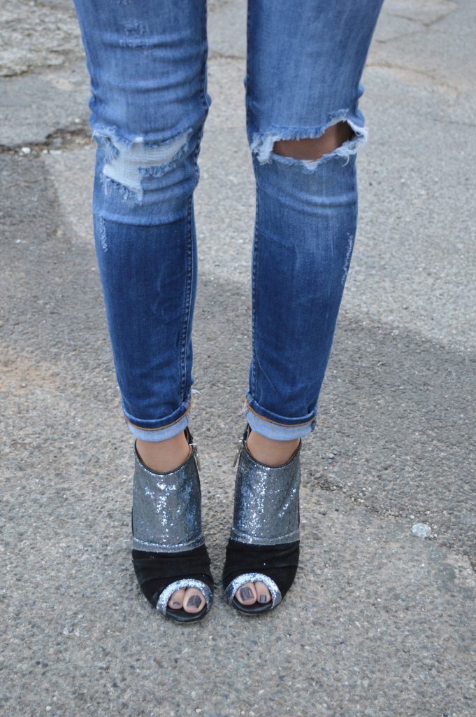 jean destroy troué denim skinny chaussures paillettes cosmoparis