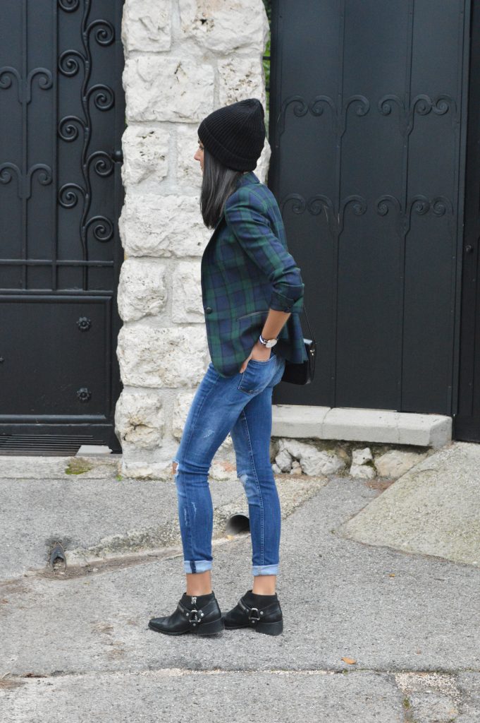 tenue stylée hiver 2015 blogueuse blazer carreaux tartan zara jean destroy bottines a zip blog mode nouveau