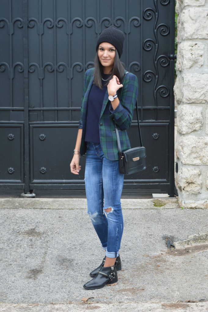 blazer carreaux tartan zara jean destroy bottines a zip blog mode nouveau idée tenue hiver