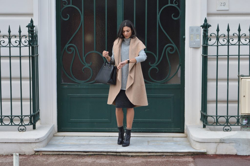 idée tenue tendance 2015 comment porter manteau camel zara pull gris col haut col roulé col cheminée jupe tube bottines à talon zara blog mode