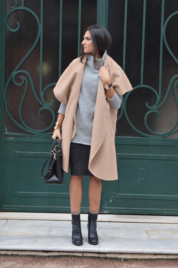 nouveau blog mode manteau camel zara pull gris col haut col roulé col cheminée jupe tube bottines à talon zara blogueuse mode