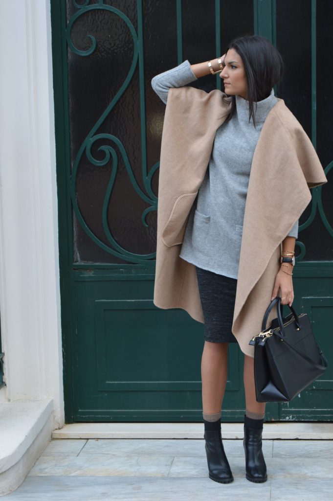 comment porter manteau camel zara pull gris col haut col roulé col cheminée jupe tube bottines à talon zara blog mode idées tenue look tendance