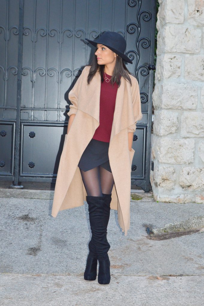 manteau camel zara chapeau noir fedora short origami bordeaux tendance hiver 2015 cuissardes talons noir daim cuir montre daniel wellington idées inspiration style tenue hiver look nouveau blogueuse mode