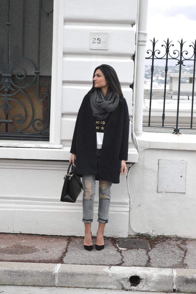 jean boyfriend manteau zara bleu tendance nouvelle collection sweat acné mange escarpins bouts pointus noir mango zara blog mode nouveau tendance jolie tenue d'hiver idée pas cher style inspiration