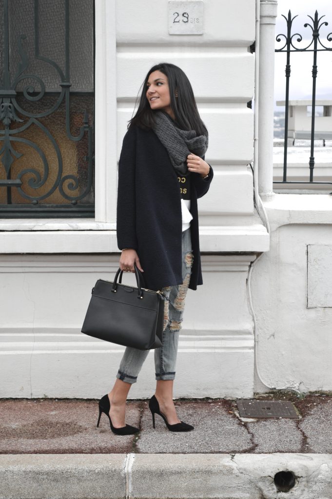 jean boyfriend destroy manteau zara bleu tendance nouvelle collection sweat acné mange escarpins bouts pointus noir mango zara blog mode nouveau blogueuse tendance printemps tenue d'hiver idée style inspiration