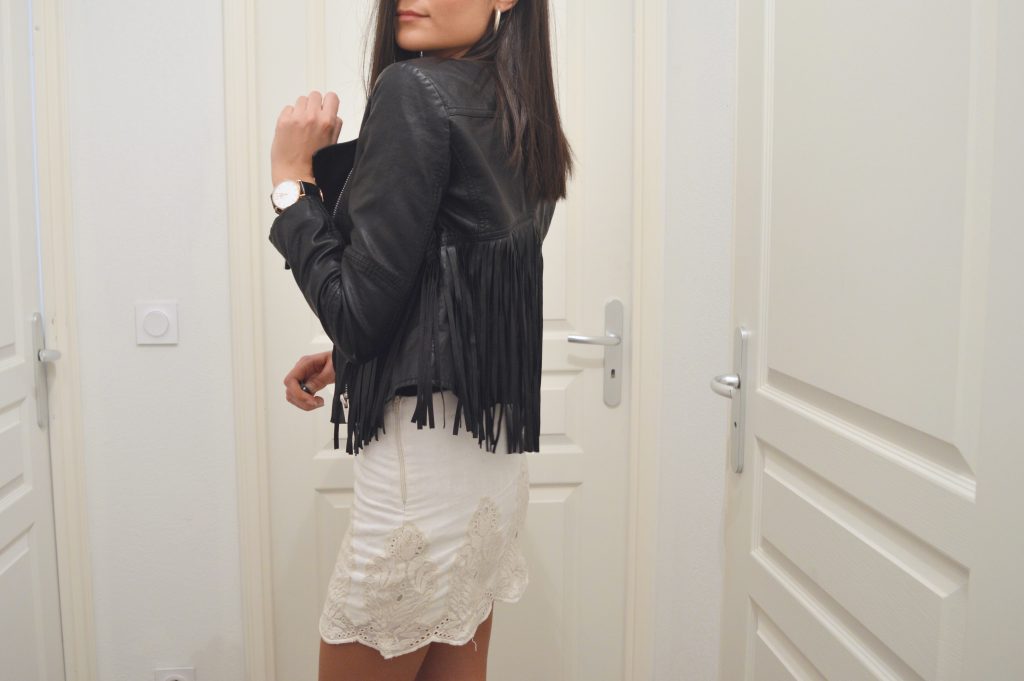 veste à franges cuir mango jupe crochet dentelle idée tenue du soir tenue de soirée look blog mode