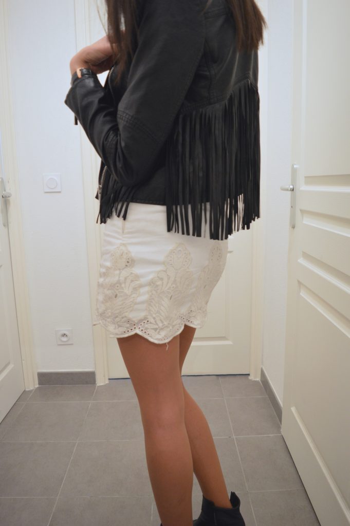 veste à franges cuir mango jupe crochet dentelle zara idée tenue du soir tenue de soirée look nouveau blog mode