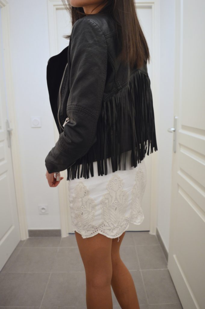 blogueuse mode veste à franges cuir mango jupe crochet dentelle idée tenue du soir tenue de soirée look blog mode