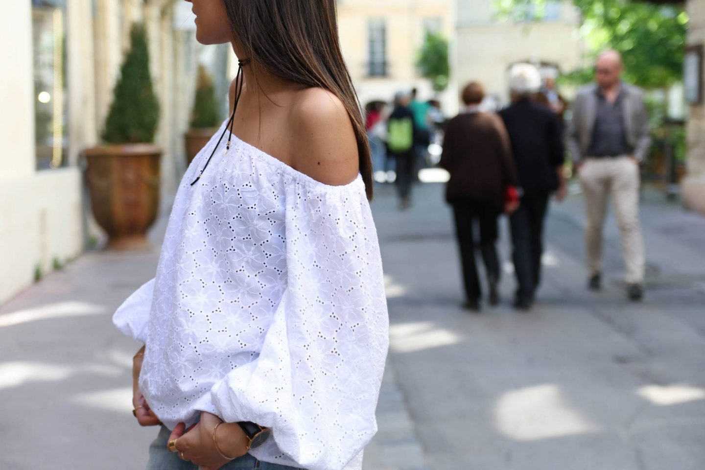 Blouse Manches Lanternes Épaule Dénudée Unie