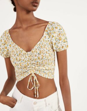 Bershka Haut Smock Elastique Jaune Fleurs Tendance Printemps Ete 2020