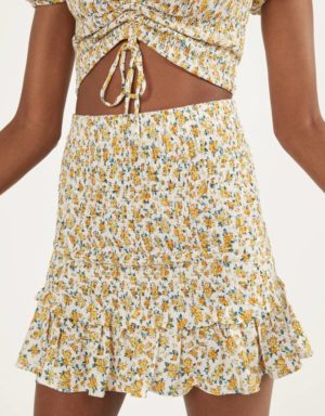 Bershka Jupe Courte Smock Elastique Fleurs Jaune Tendance Printemps Ete 2020