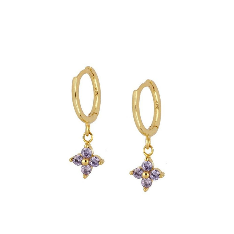Tendance Trend Bijou Jewellery Or Gold Argent Silver By Lia Earrings Boucles Oreilles Fleur Flower Purple Violet Strass Pierre Stone